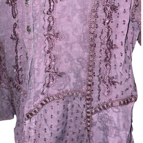 L’Pogee Vintage Mauve Lavender Button Embroidered Short Sleeve Blouse Whimsy - Picture 6 of 13